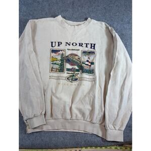 Vintage 90s Up North Wisconsin Sweatshirt Mens Large Beige Crewneck Streetwear